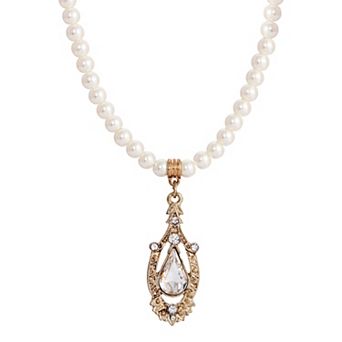 1928 Gold Tone Crystal Pear-Shaped Pendant Simulated Pearl Necklace