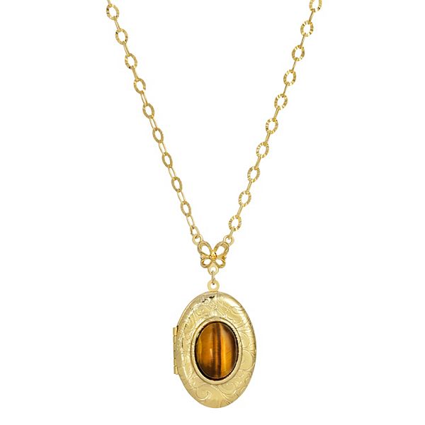 1928 Gold Tone Oval Tiger's Eye Locket Necklace