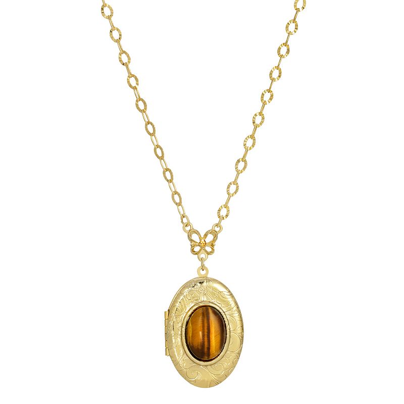 1928 Gold Tone Oval Tigers Eye Locket Necklace, Womens, Brown