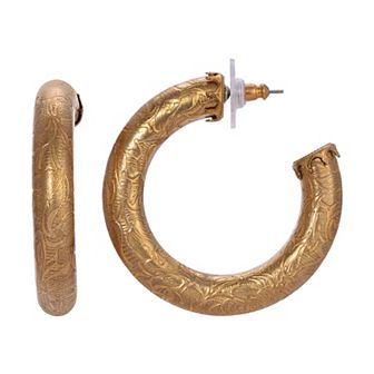 1928 Gold Tone Flower Etched C-Hoop Earrings