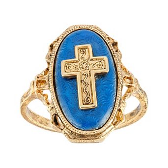 1928 Gold Tone Cross Blue Enamel Oval Ring - Size 8