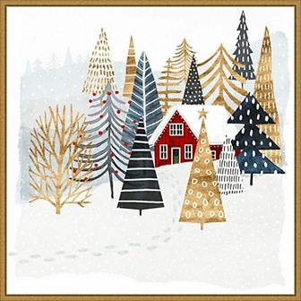 Amanti Art Christmas Chalet I Tree Framed Canvas Wall Art