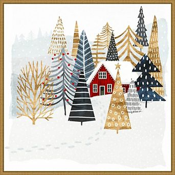 Amanti Art Christmas Chalet I Tree Framed Canvas Wall Art