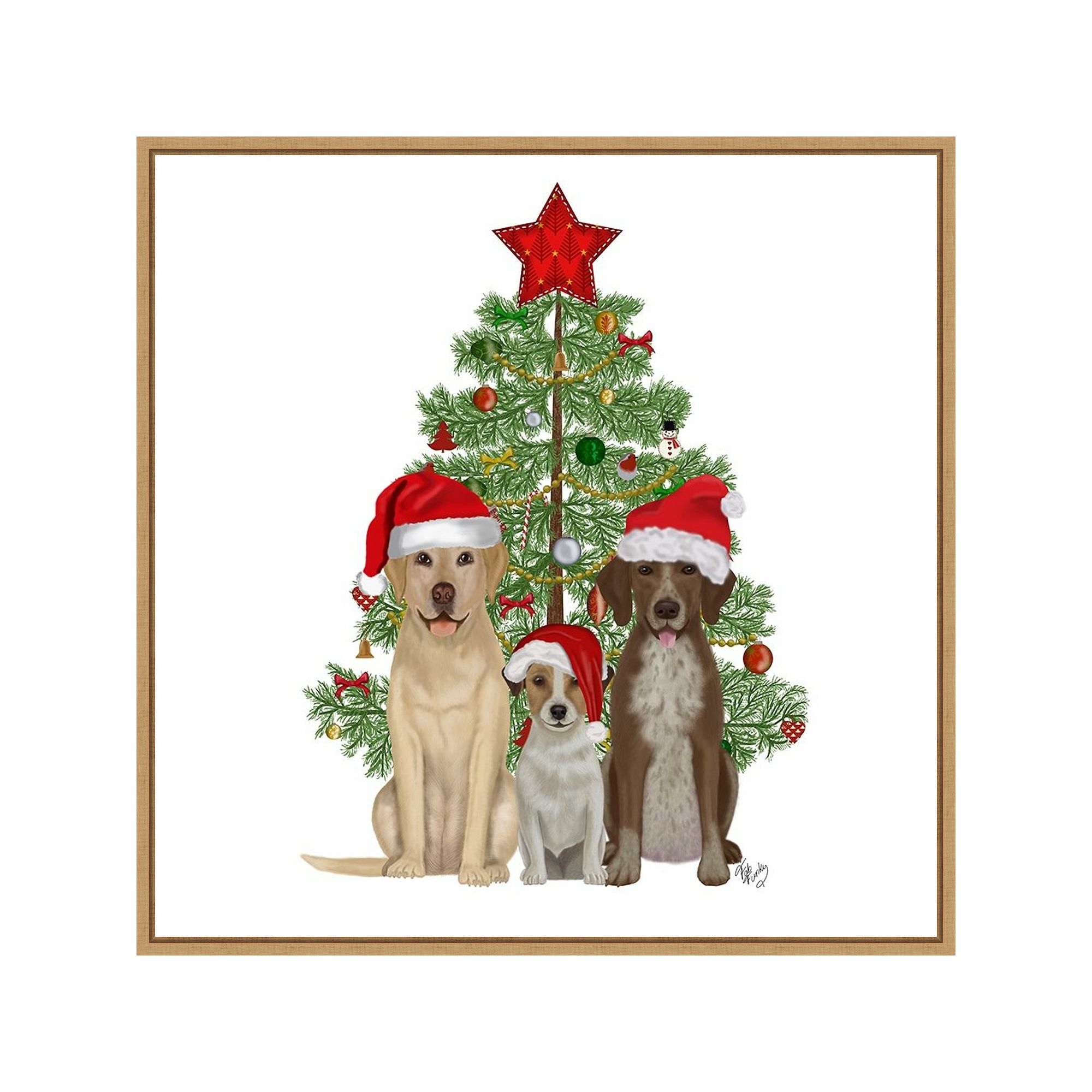 Amanti Art Christmas Dog Trio Tree Framed Canvas Wall Art, Brown