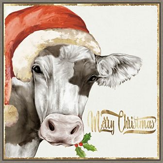Amanti Art Christmas Cow Framed Canvas Wall Art