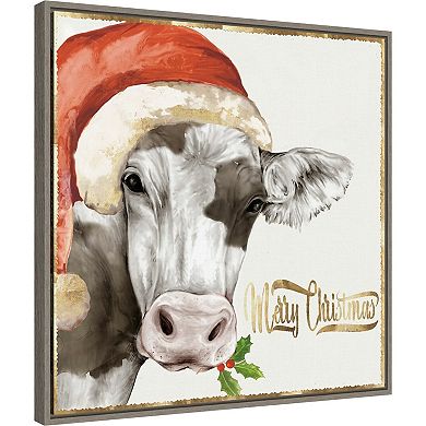 Amanti Art Christmas Cow Framed Canvas Wall Art