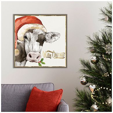 Amanti Art Christmas Cow Framed Canvas Wall Art