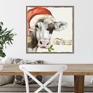 Amanti Art Christmas Cow Framed Canvas Wall Art