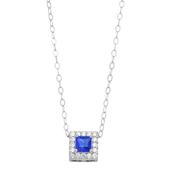 Aleure Precioso Sterling Silver Lab-Created Gemstone & Cubic Zirconia Square Halo Necklace