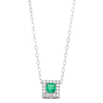 Aleure Precioso Sterling Silver Lab-Created Gemstone & Cubic Zirconia Square Halo Necklace