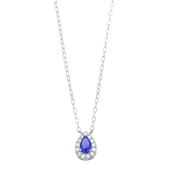 Aleure Precioso Sterling Silver Lab-Created Gemstone & Cubic Zirconia Teardrop Halo Necklace