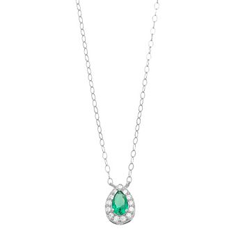Aleure Precioso Sterling Silver Lab-Created Gemstone & Cubic Zirconia Teardrop Halo Necklace
