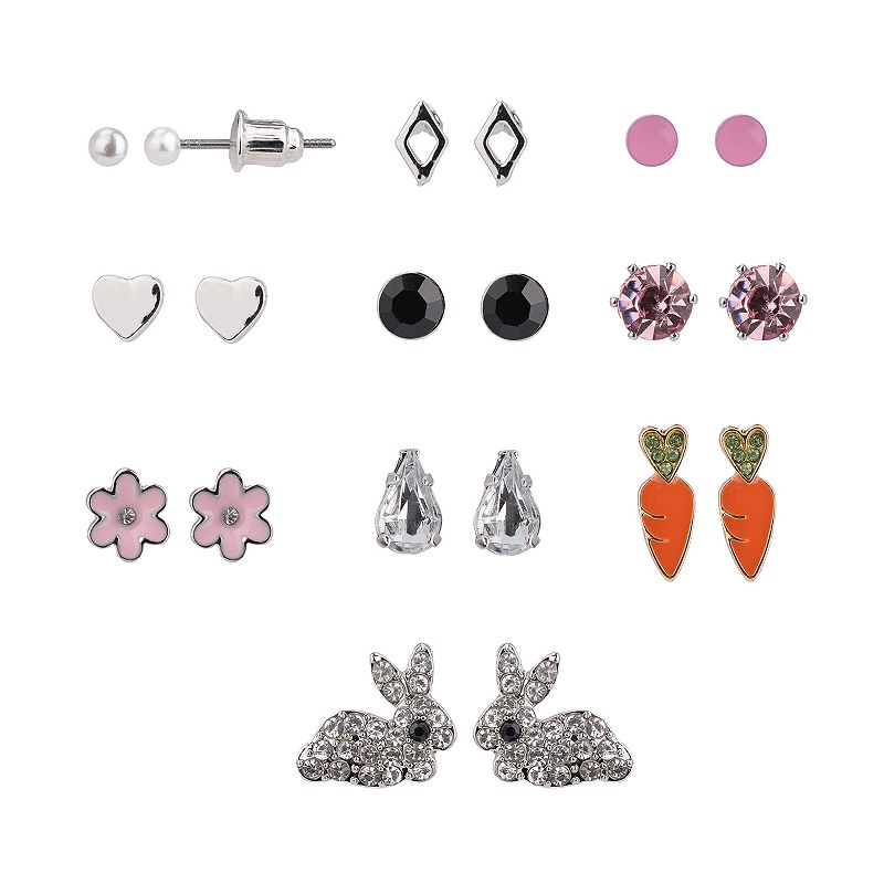Show Me The Bunny Easter Stud Earring Set of 10, Womens, Multicolor