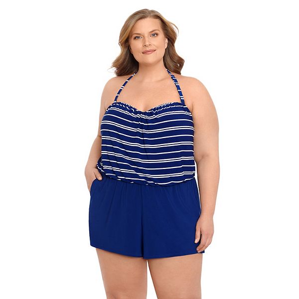 Plus Size Bal Harbour Bandeau Blouson One-Piece Swim Romper with Pockets