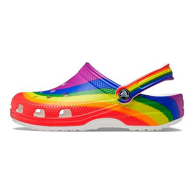 White crocs with rainbow bottom sales
