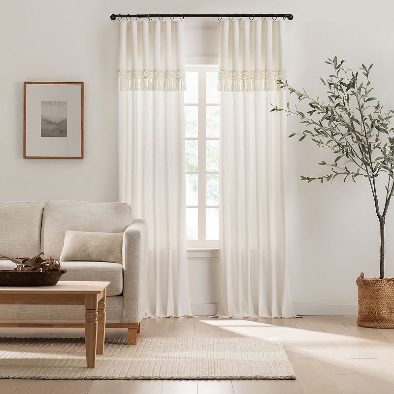 Drop Cloth Macrame Solid Cotton Light Filtering Ring Top Curtain Panel with Fringe Valance  Off-White  50 x 84