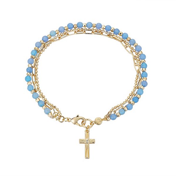 Love This Life® Blue Quartz Bead Triple Strand Cross Bracelet
