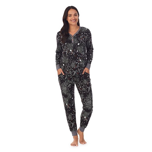Cuddl Duds Womens Solid Top & Printed Pants Pajama Set, Black