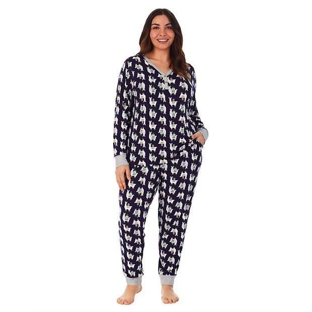 Cuddl Duds Womens Solid Top & Printed Pants Pajama Set, Black