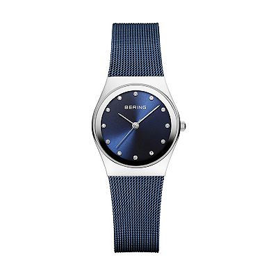 BERING Women's Classic Crystal Accent Dial Stainless Blue Mesh Strap Watch & Crystal Earrings Gift Box Set