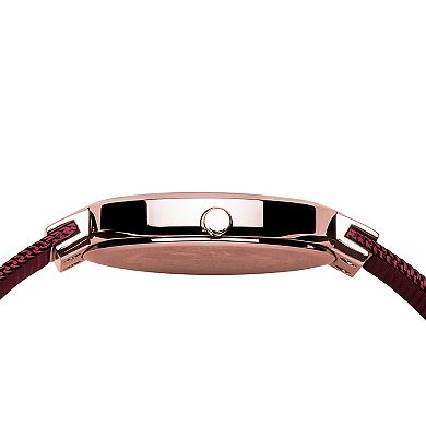 BERING Women's Classic Rose Gold Tone Stainless Red Strap Watch & Rose Gold Tone Crystal Accent Bracelet Set