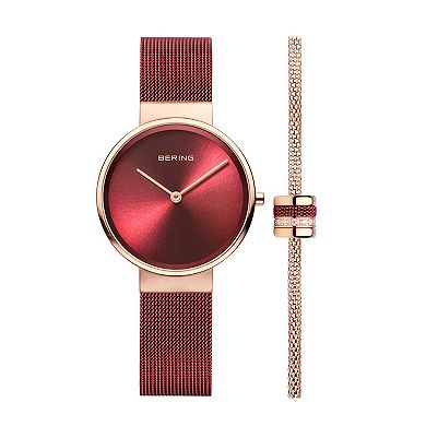 BERING Women's Classic Rose Gold Tone Stainless Red Strap Watch & Rose Gold Tone Crystal Accent Bracelet Set