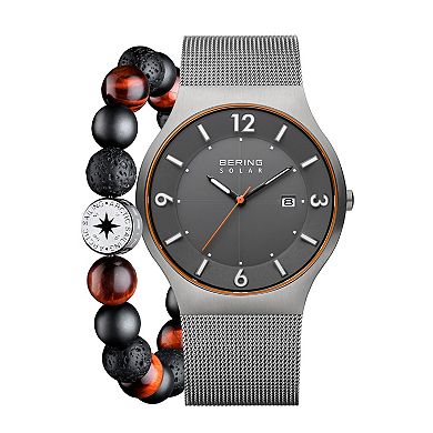 BERING Men's Slim Stainless Mesh Strap Solar Watch & Genuine Stone Bead Bracelet Set