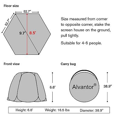 Alvantor Pop Up Screen Tent Camping Tent Canopy Gazebo 10'x10'