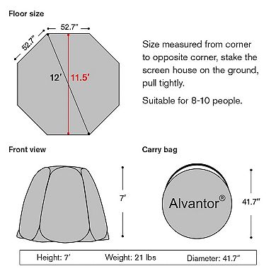 Alvantor Pop Up Screen Tent Camping Tent Canopy Gazebo 12'x12'