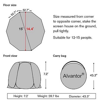 Alvantor Pop Up Screen Tent Camping Tent Canopy Gazebo 15'x15'