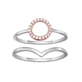 PRIMROSE Two Tone Sterling Silver Cubic Zirconia Circle Band & V-Shaped Stackable Ring Duo Set