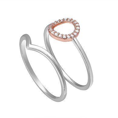 PRIMROSE Two Tone Sterling Silver Cubic Zirconia Circle Band & V-Shaped Stackable Ring Duo Set