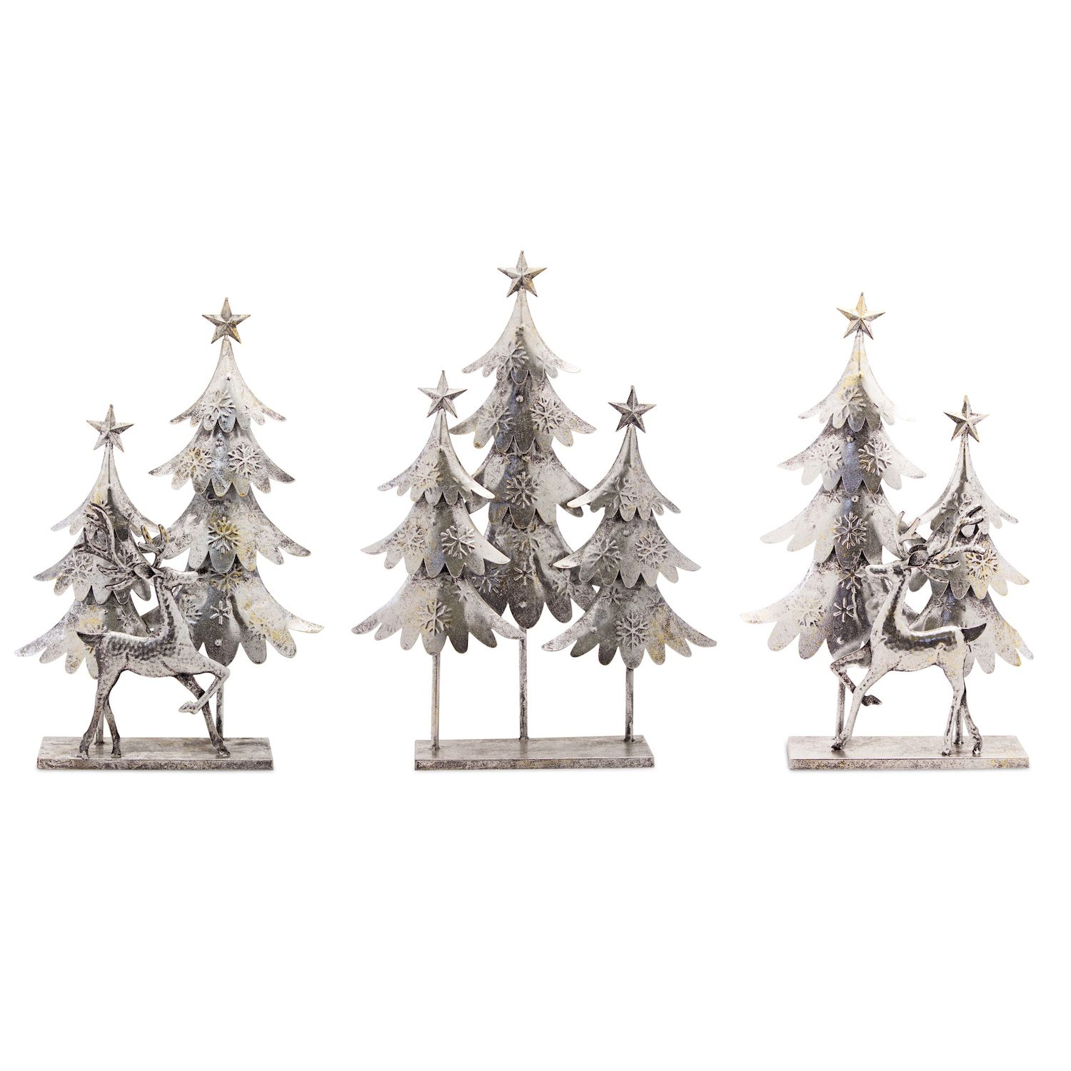 Designocracy Set of 3 Snowy Christmas Tree Polar Bear and Wolf Wooden Ornaments 5.5