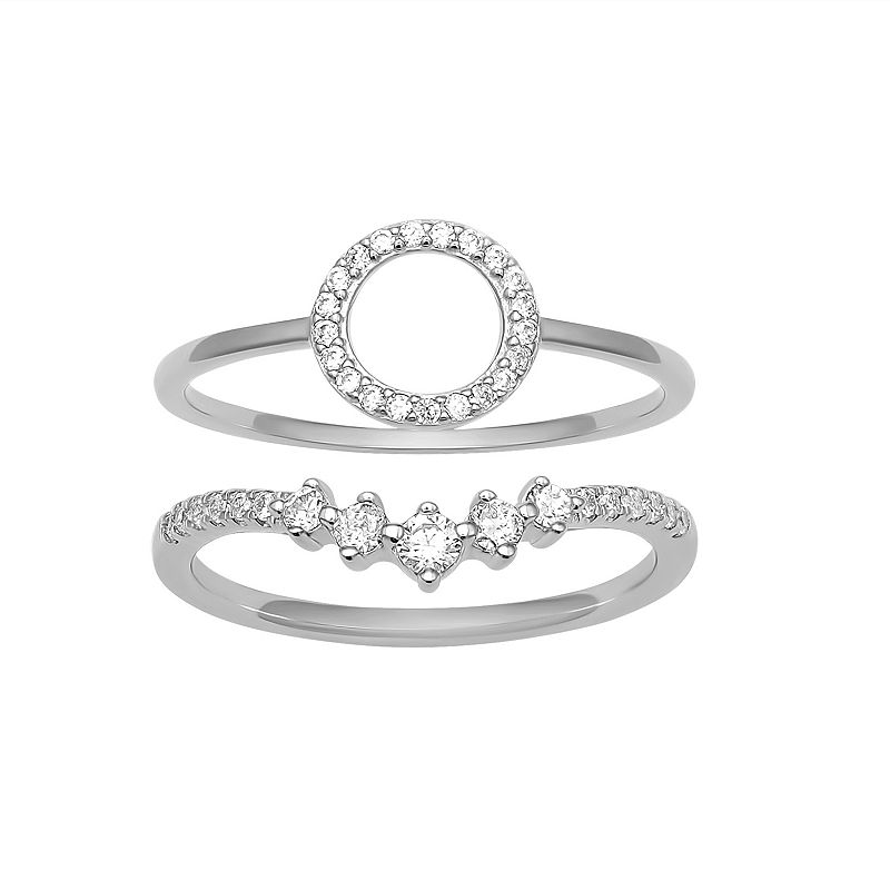PRIMROSE Sterling Silver Cubic Zirconia Circle & V-Shape Ring Duo Set, Wome