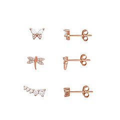 PRIMROSE 18k Gold Over Silver Cubic Zirconia Butterfly  Dragonfly Stud Earring Trio Set