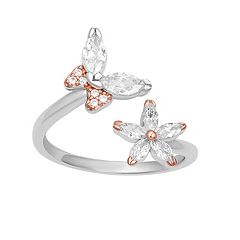 PRIMROSE Two Tone Sterling Silver Cubic Zirconia Butterfly  Flower Bypass Ring