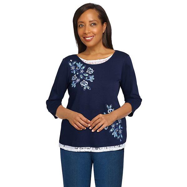 Women's Alfred Dunner Floral Embroidery Lace-Trim Top