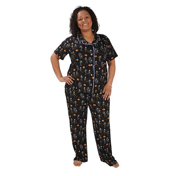 Women s Plus Size Nite Nite by Munki Munki Halloween Short Sleeve Pajama Shirt Pajama Pants Sleep Set