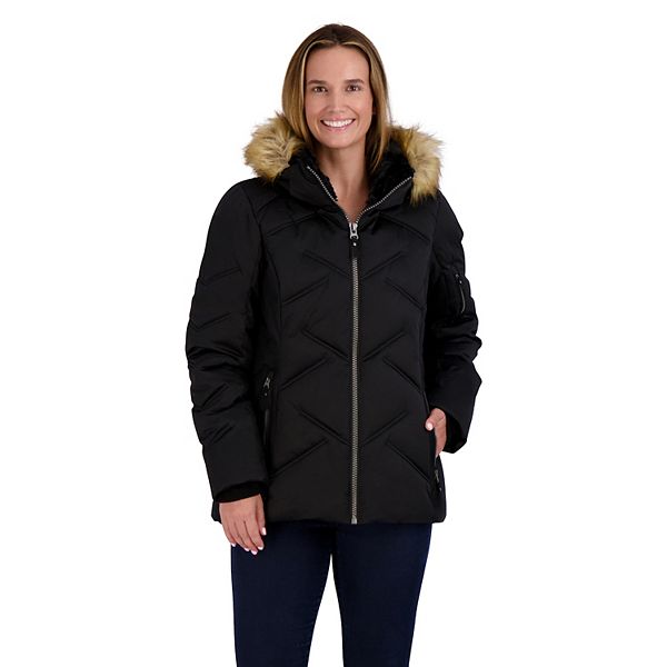 Womens ZeroXposur Faux-Fur Hood Quilted Puffer Coat - Black (SMALL)
