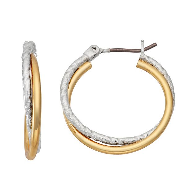 10kt Two Tone Intertwined Plain and Textured Tube Hoop Earrings