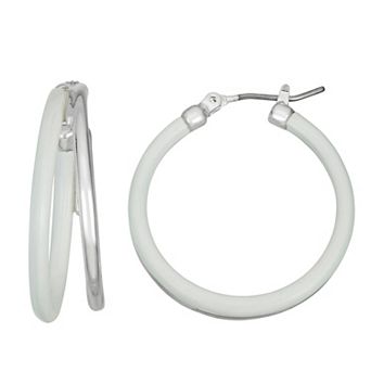 Napier Silver Tone White Enamel Split Hoop Earrings