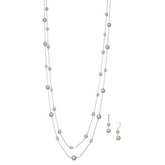 Napier Silver Tone Simulated Pink Pearl Multi Strand Necklace & Drop Earrings Set