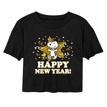 Juniors' Peanuts Happy New Year Cropped Tee