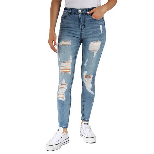 Juniors' Indigo Rein High-Rise Destructed Skinny Jeans