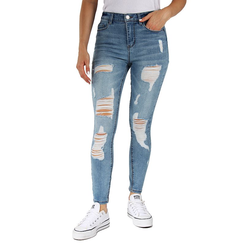 Juniors Indigo Rein High-Rise Destructed Skinny Jeans, Womens, Size: 0, M