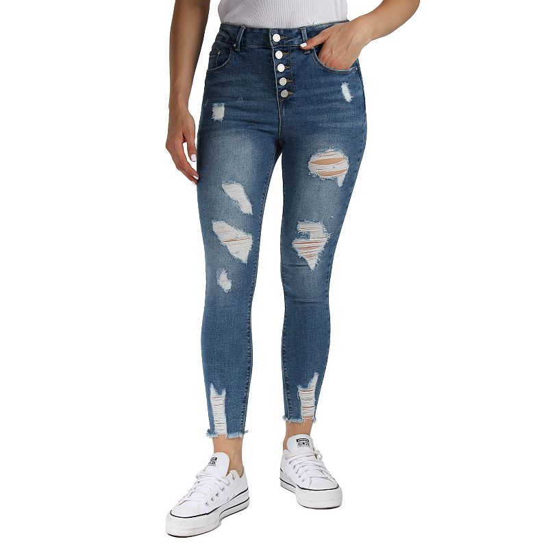 Juniors Indigo Rein High-Rise Destructed Skinny Jeans, Womens, Size: 0, D