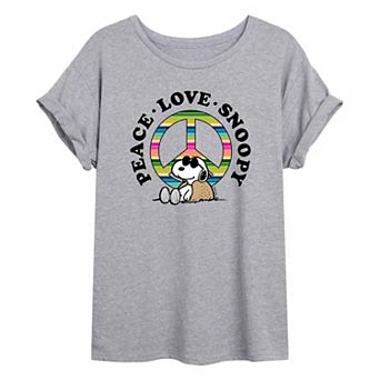 Juniors' Peanuts Peace Love Snoopy Oversized Tee