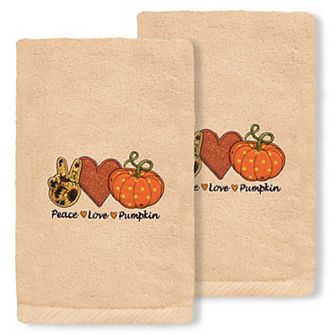 Linum Home Textiles Peace, Love, Pumpkin Embroidered Luxury Turkish Cotton 2-pack Hand Towel Set