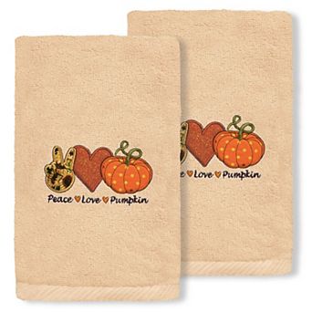 Linum Home Textiles Peace, Love, Pumpkin Embroidered Luxury Turkish Cotton 2-pack Hand Towel Set