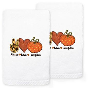 Linum Home Textiles Peace, Love, Pumpkin Embroidered Luxury Turkish Cotton 2-pack Hand Towel Set